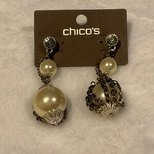 Chico's Victorian pearl-on-pearl drop earrings chain chamber accent multi-finish